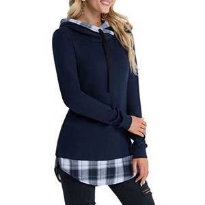 DJT Womens Funnel Neck Check Contrast Pullover Hoodie Top Large Navy-White